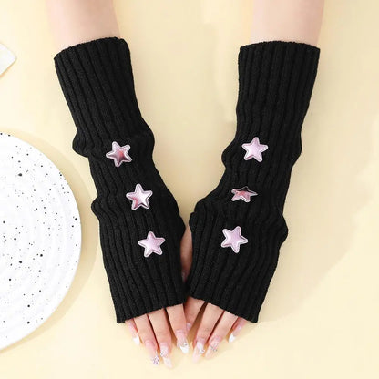 Y2K Fingerless Gloves Women Knitted Arm Warmers Cute Star Decor ⭐ Cozy Winter