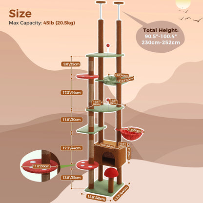 Floor To Ceiling Cat Tower With Adjustable Height, Condo, Hammock And Scratching Post 🐾 Brown Cozy Play Haven