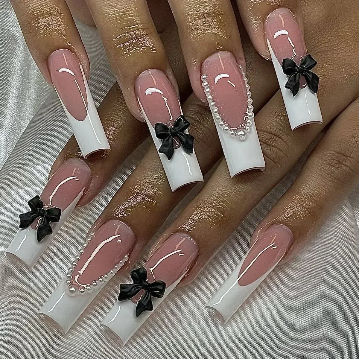 Kawaii Love Pattern Coffin Nails 🎀✨ | 24Pcs Brown French Full Cover Press-On Tips 💅💕