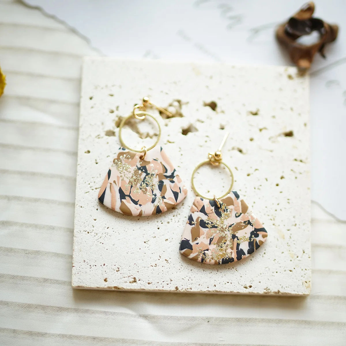Pastel Marble Shield Polymer Clay Drop Earrings With Brass Ring Charm 💗✨