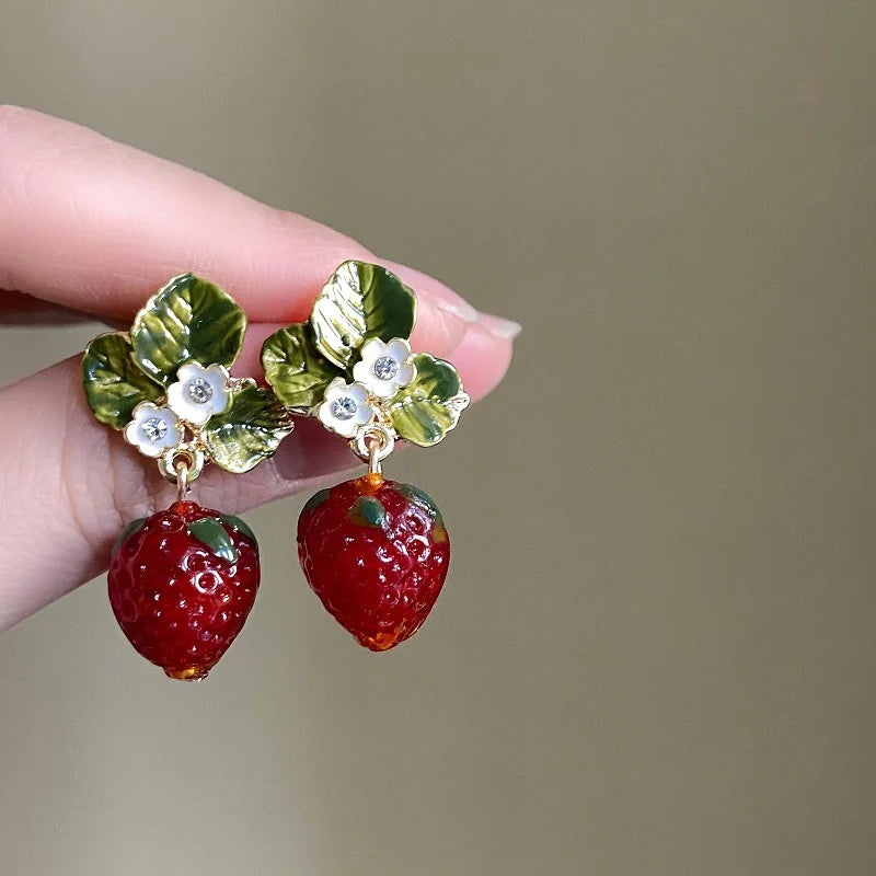 Kawaii Strawberry Blossom Drop Earrings 🍓✨ | Cute 3D Fruit & Leaf Jewelry for Girls 🌼💖