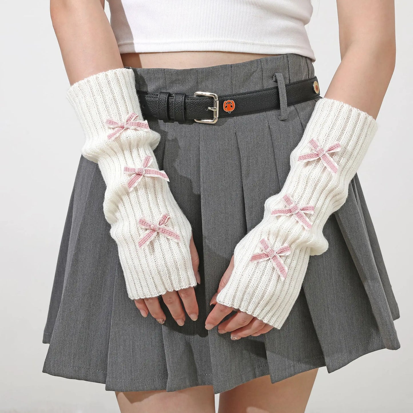 Y2K Bow Fingerless Gloves For Women Knit Arm Warmers Hands Free Winter 😺🧶❄️