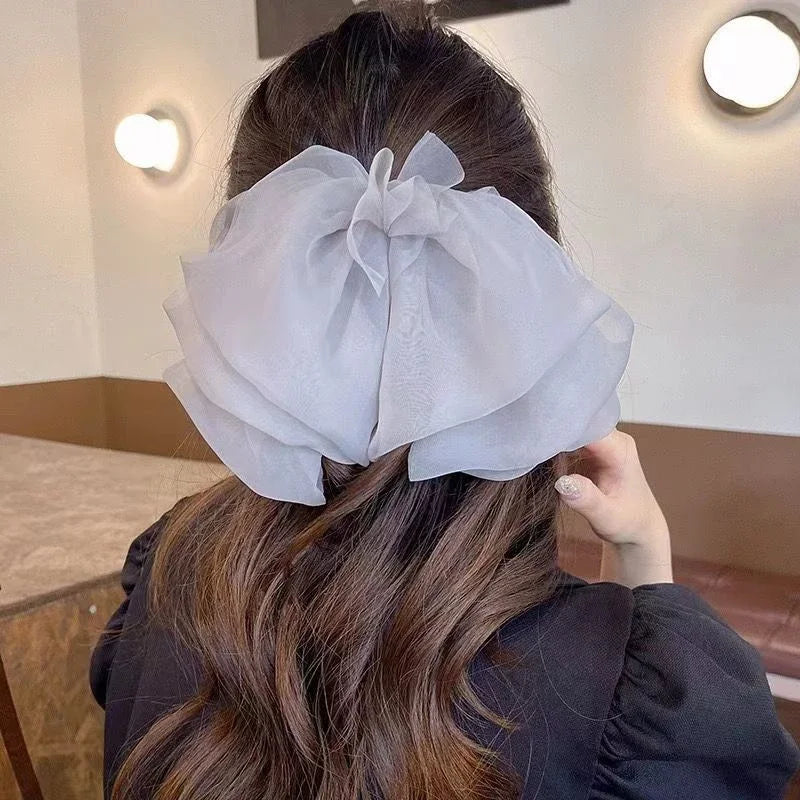 Charming Chiffon Bow Banana Clip 🎀✨ for High Ponytails – Vintage Style Hair Accessory 🐒🌸 - Pixie Quill