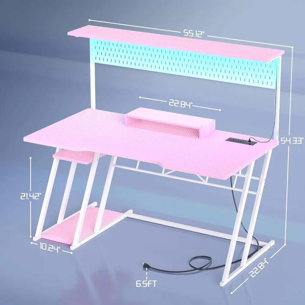 Kawaii Pink Gaming Desk 🌸✨ with LED Lights, Storage Shelves & Pegboard | Perfect for Gamers 🎮💖