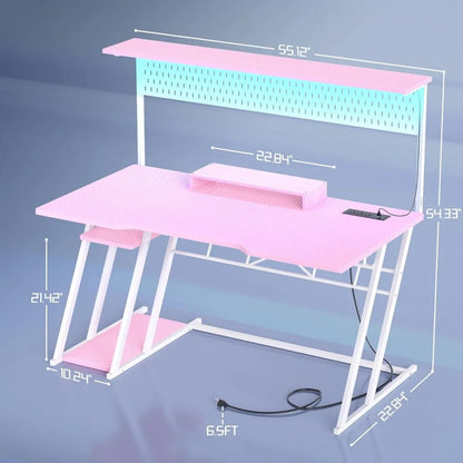 Kawaii Pink Gaming Desk 🌸✨ with LED Lights, Storage Shelves & Pegboard | Perfect for Gamers 🎮💖