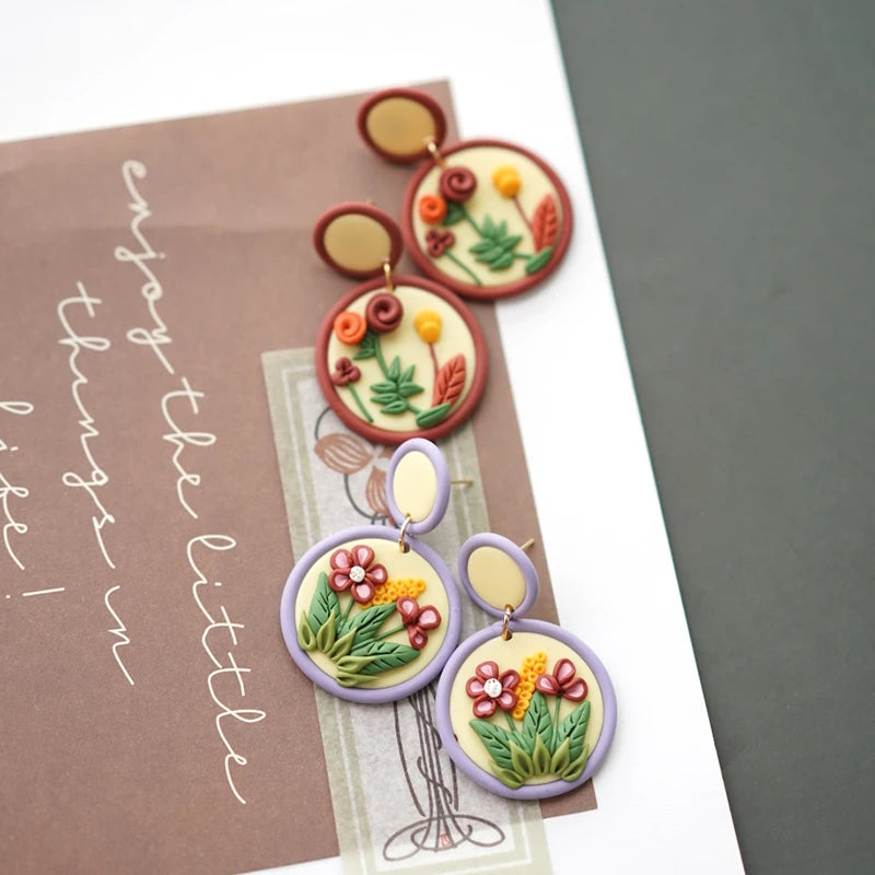 Handmade Crafts Flowers Circle Floral Multi Colors Ethnic Nature Round Polymer Clay Dangle Earrings Sets For Women Gifts