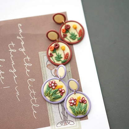 Handmade Crafts Flowers Circle Floral Multi Colors Ethnic Nature Round Polymer Clay Dangle Earrings Sets For Women Gifts