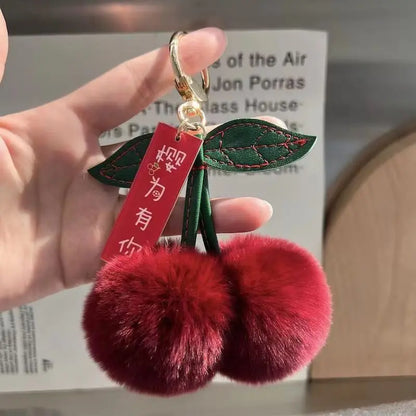Fluffy Rex Rabbit Fur Ball Pompom Leaf Keychain Cherry Charm 🐰🍒✨