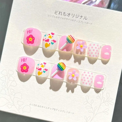 Kawaii Bunny Flower Fake Nails 🌸🐰 | Adorable Cartoon Nail Art for Kids 💅✨ - 12 Pcs Set