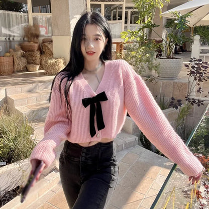 Kawaii Bow V-Neck Cardigan Sweater 🌸✨ | Cozy Long Sleeve Top for Sweet Style 🍭💖