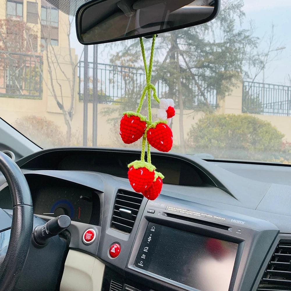 Kawaii Strawberry Blossom Car Mirror Charm 🌸🍓 | Adorable Rear View Decor for Teens & Gifts! 🎁✨