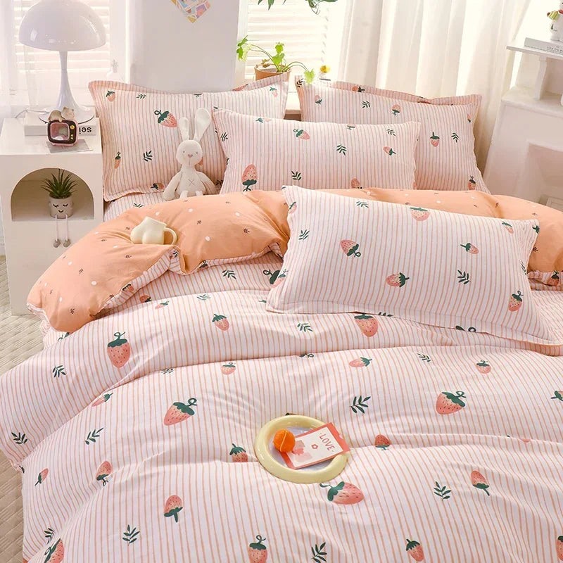 Adorable Strawberry Dreams Reversible Kawaii Bedding Set 🍓✨ Soft Cotton Duvet Cover with Pillowcases