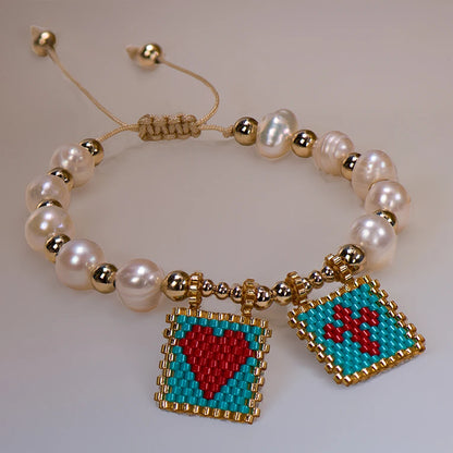 Woven Pearl Cross Heart Bracelet Beaded Miyuki Boho Christian Religious Charm Jewelry Womens 2023 Fashion Love Blessing Gift