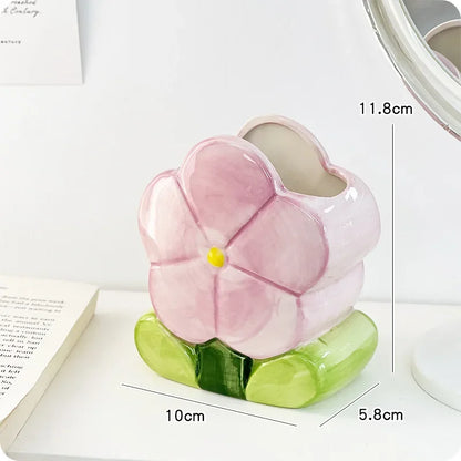 Kawaii Ceramic Flower Pen Holder 🌸 Cute Girl Desktop Organizer 🖊️ Adorable Office Storage Box 💖