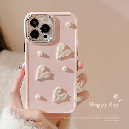 💕 Adorable 3D Pearl Love Heart Phone Case for iPhone - Soft Silicone Bumper 🎀✨
