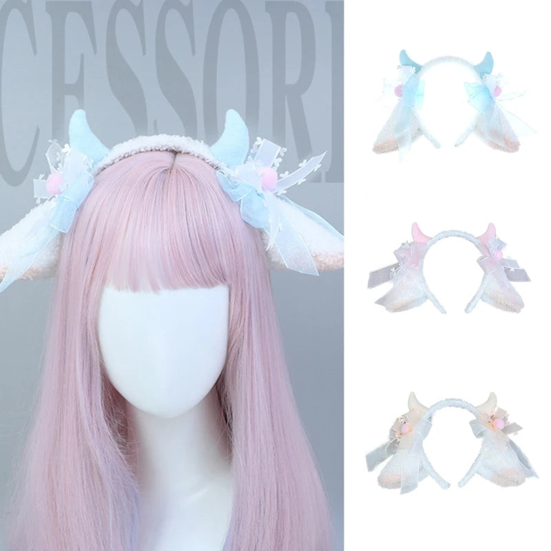 Lolita Headwear Sheep Ear Headband Girl Sweet Plush Hair Bands Sheep Horn Bows Decor Sheep Cosplay Sheep Ear Hair Hoop