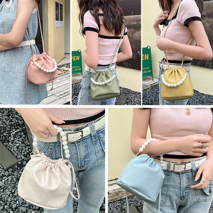 Kawaii Pearl Chain Bucket Bag 🐰✨ | Adorable PU Shoulder Tote for Trendy Ladies