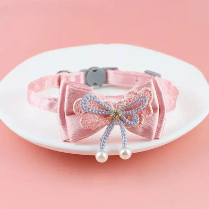 ✨ Cute Pink Lace Bow & Bead Cat Choker with Bell 🐾 Perfect Pet Accessory! 💖