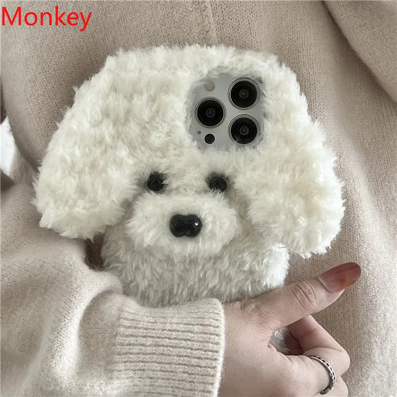 Kawaii 3D Fluffy Teddy Dog Phone Case for iPhone 16/15/14 - Adorable Plush Fur Cover 🐶✨