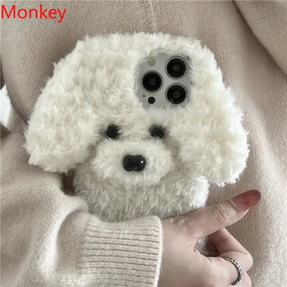 Kawaii 3D Fluffy Teddy Dog Phone Case for iPhone 16/15/14 - Adorable Plush Fur Cover 🐶✨