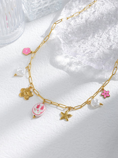 Bohemian Ceramic Tulip Pearl Oil Drop Starfish Pendant Necklace For Women Cute Jewelry Gift 🌷🐚✨