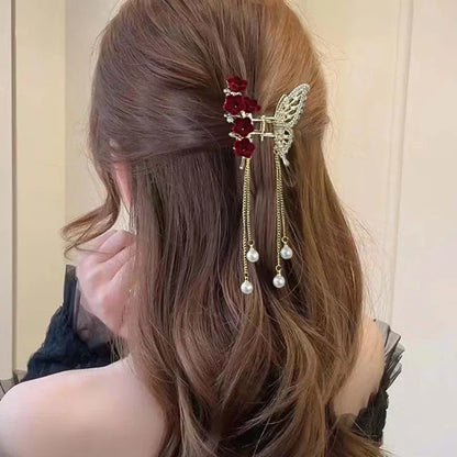 Kawaii Butterfly Pearl Hair Claw 🌸✨ | Cute Red Flower Hairpin for Girls & Women 🎀 | Perfect Festival & Party Accessory!