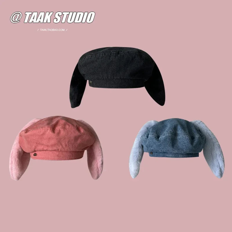 Denim Bunny Ear Beret For Women Winter Hat Cute Casual Cartoon Newsboy Style 🐰