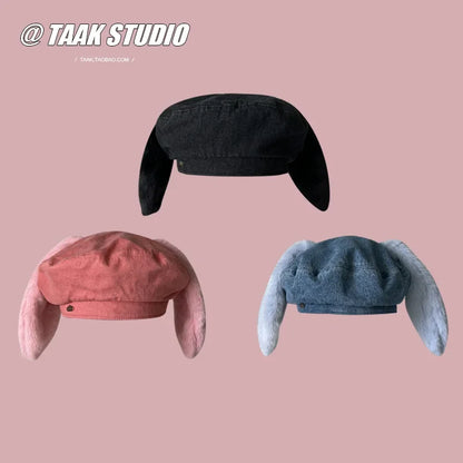 Denim Bunny Ear Beret For Women Winter Hat Cute Casual Cartoon Newsboy Style 🐰