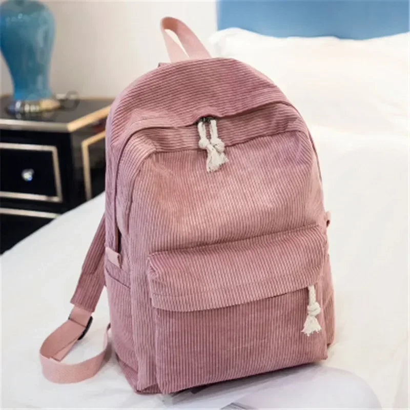 Soft Corduroy Women Backpack Female Travel Backpack Teenage Girls Striped School Backpack Large Capacity Book Bag - Pixie Quill
