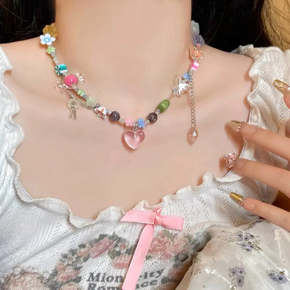 Kawaii Heart & Butterfly Choker Necklace 🌈✨ | Y2K Aesthetic Punk Jewelry for Girls 💖🎀