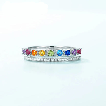 Kawaii Rainbow Love: ALLNOEL 925 Sterling Silver Double Ring with Colorful Zircon 🌈💖✨