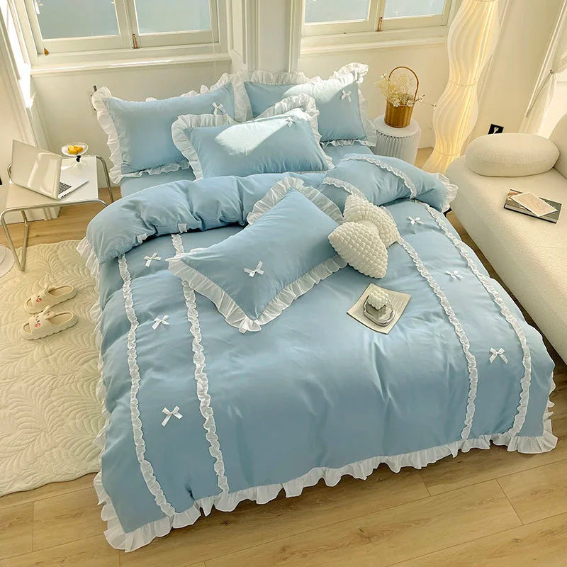 Kawaii Princess Dreamland Bedding Set with Lace & Bowknot Accents 🌸✨