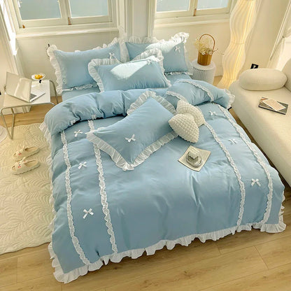 Kawaii Princess Dreamland Bedding Set with Lace & Bowknot Accents 🌸✨