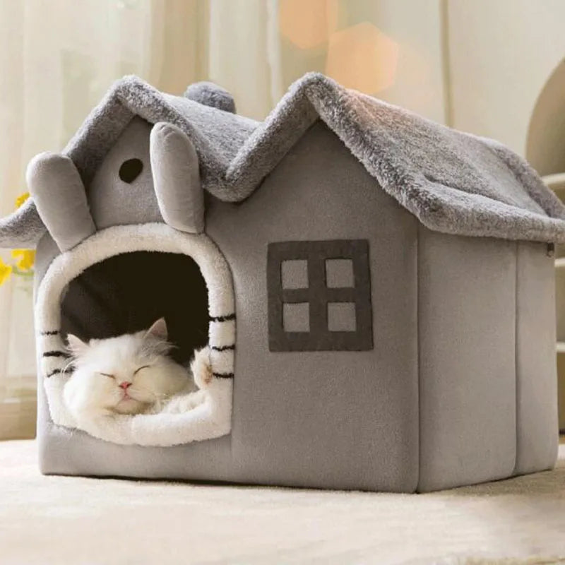 Kawaii Cozy Cat Nest 🐾🌸 | Double Roof Pet House for All Seasons 🌈 | Warm & Washable Small Dog Bed 🐶✨