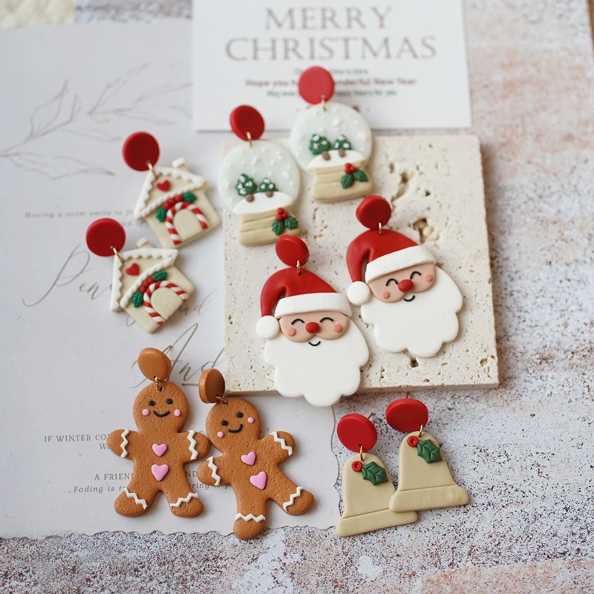 Cute Christmas Polymer Clay Dangle Earrings Santa Snowman Bell Gingerbread 🎄⛄️