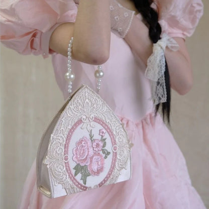 Kawaii Floral Lace Handbag 🌸✨ Cute Y2K Top-Handle Bag with Pearl Chain for Fairy Girls 💖 Fashionable Soft Bucket Purse for Women