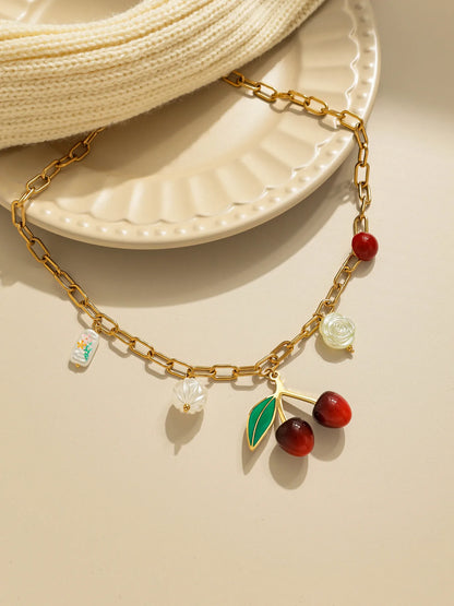Whimsical Fruit Pendant Necklace 18K Gold Plated Stainless Steel Oil Dripping Cherry Pearl Tulip Acrylic Charm 🍒🌸