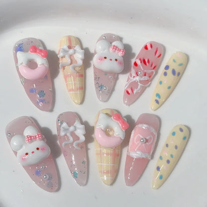 Kawaii 10pcs Rabbit-Themed Press-On Nails 🐰💖 Sweet Pink Almond Acrylics for Parties & Fun! 🎉✨