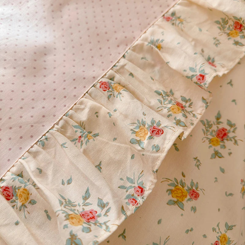 Kawaii 3-Piece Cotton Duvet Cover Set 🌸✨ (Duvet Cover + 2 Pillowcases) - Soft Floral Bedding with Korean Lace 🛏️💖