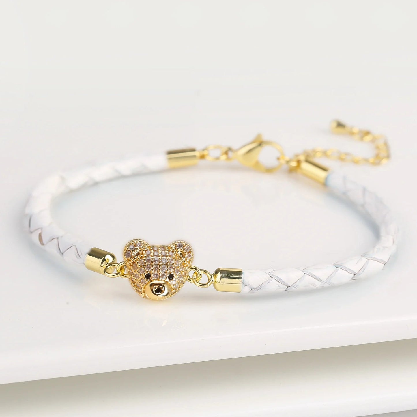 🐻✨ Adorable Bear Zirconia Charm Bracelet - 6 Color Adjustable Leather Rope for Everyone! 🎉🎈