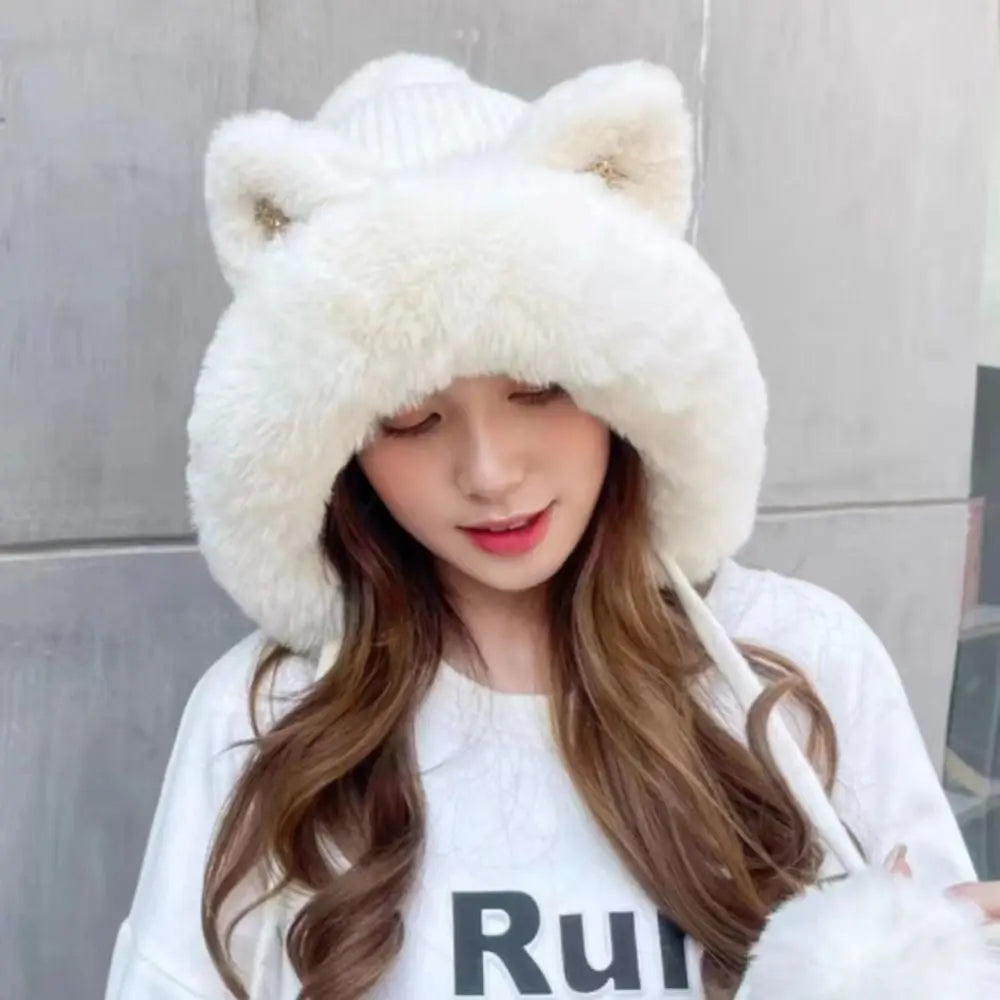 Cozy Cat Ear Beanie Hat For Women Warm Knit Two Fluffy Earflap Snow Beanie 🐱❄️