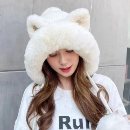 Cozy Cat Ear Beanie Hat For Women Warm Knit Two Fluffy Earflap Snow Beanie 🐱❄️