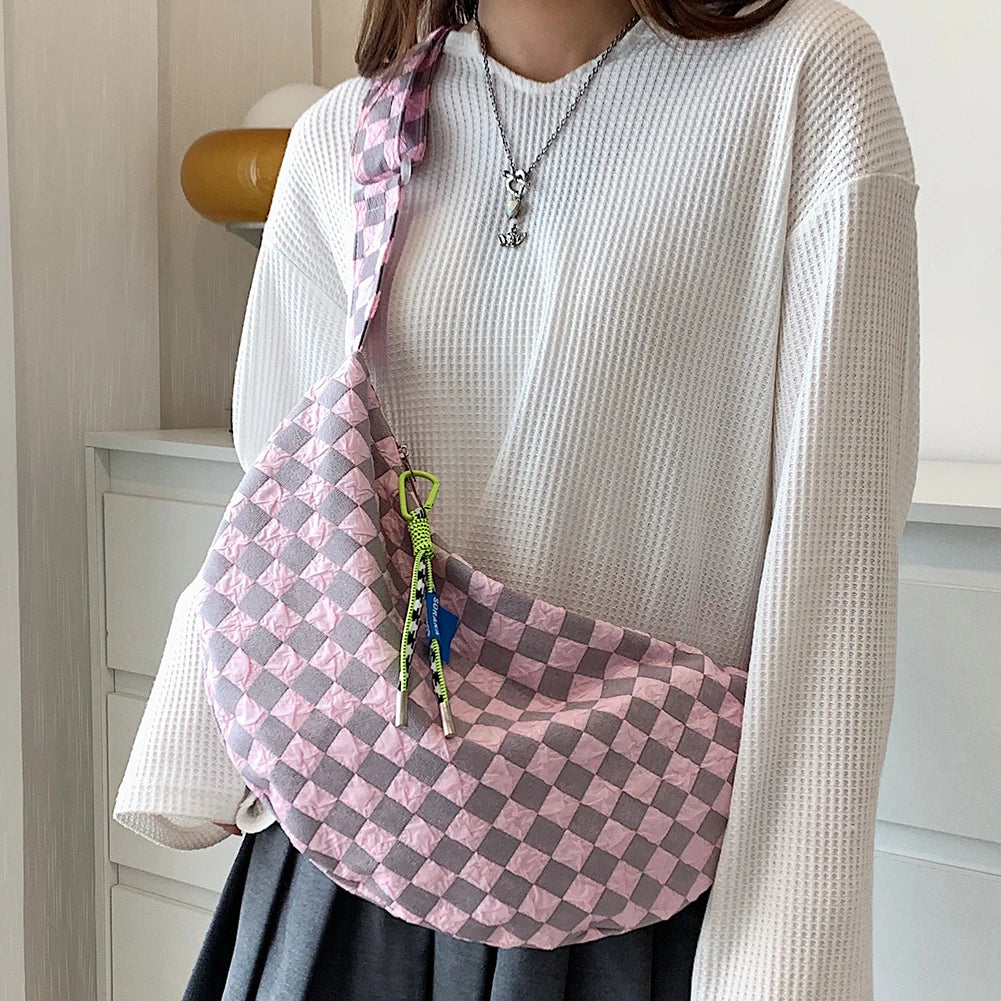 Kawaii Plaid Half Moon Messenger Bag 🌈✨ Cute & Casual Shoulder Bag for Weekend Adventures! 👜💕