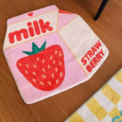 Kawaii Pink Strawberry Milk Floor Mat 🍓🐄 | Cute Anti-Slip Bedroom Carpet for Whimsical Home Decor 🌸✨