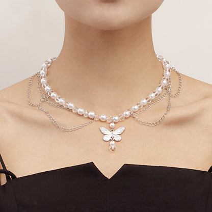Kawaii Butterfly Pearl Tassel Necklace 🌸✨ | Double Layer High Gloss Design for Women 💖