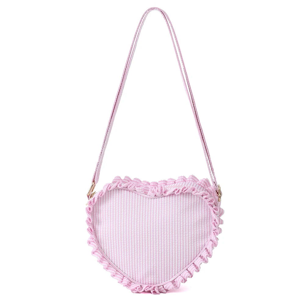 Kawaii Ruffle Heart Crossbody Bag 💖 | Cute Pink Striped Mini Purse for Girls 🌸✨ | Stylish Outdoor Travel Sling Bag 🎒