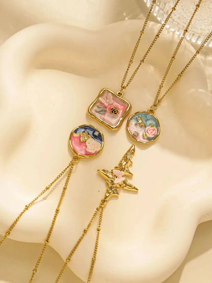 Women's Stainless Steel Gold Necklace With Pearl Zircon Flower Pendant Dripping Enamel Art Jewelry 💖🌸
