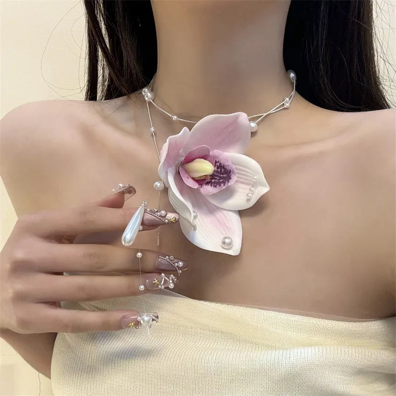 🌸 Kawaii Magnolia Choker Necklace 🌟 Trendy Pearl Collarbone Chain for Women’s Banquet & Travel 2024 🦄✨