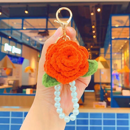 Fluffy Knit Rose Keychain Crochet Flower Pendant With Pearl Wrist Strap 🎀🌸🧶