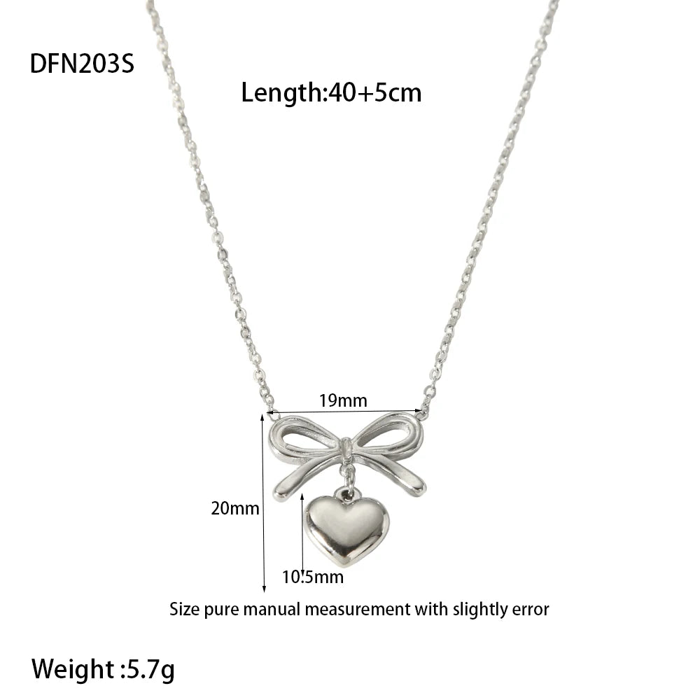 Kawaii Bow Heart Pendant Necklace 💖✨ | Dainty 18K Gold Plated Stainless Steel Jewelry for Women 🌟🎀